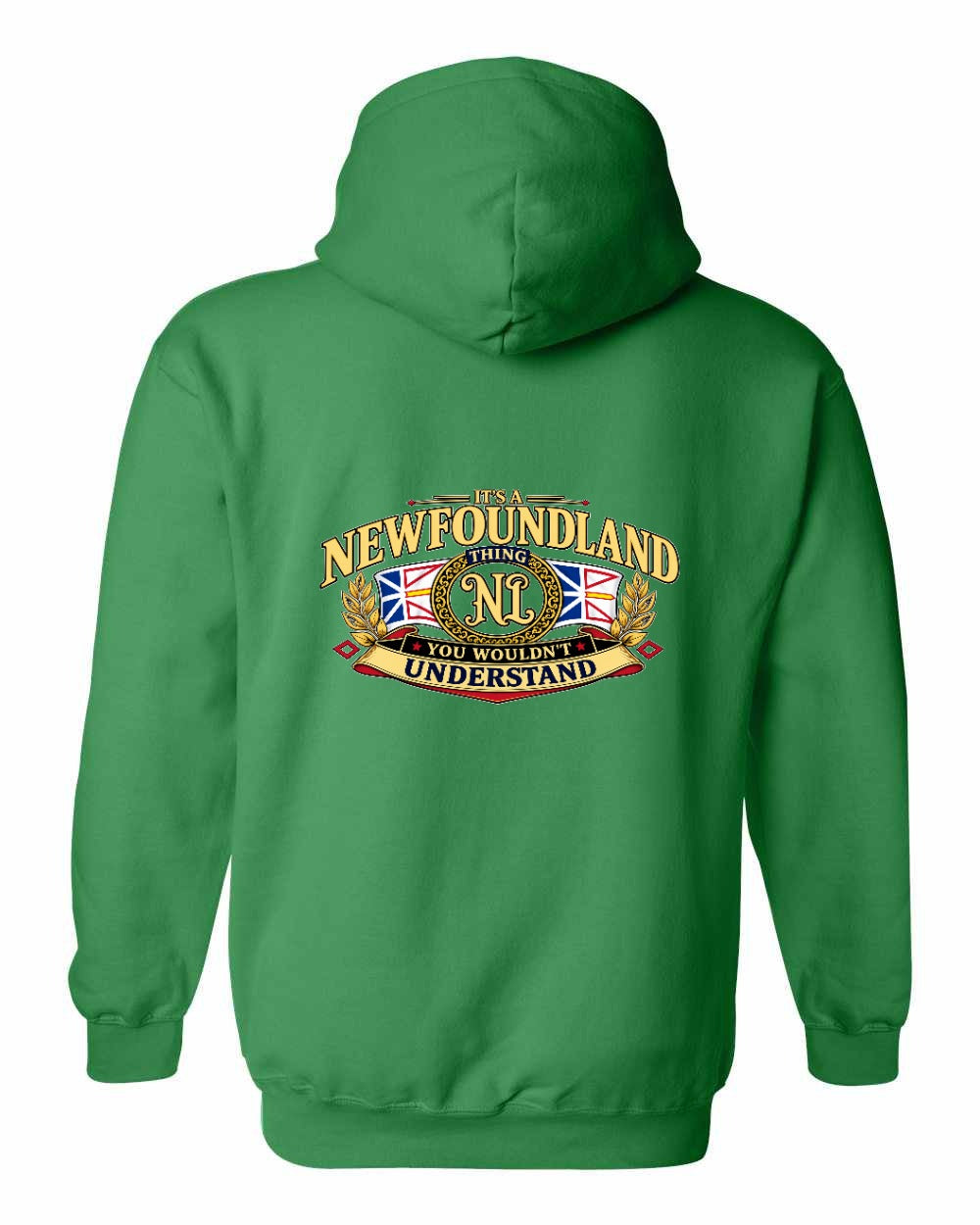 Newfoundland Thing Badge Left Chest and Back Pullover Hoodie in Irish Green - back
