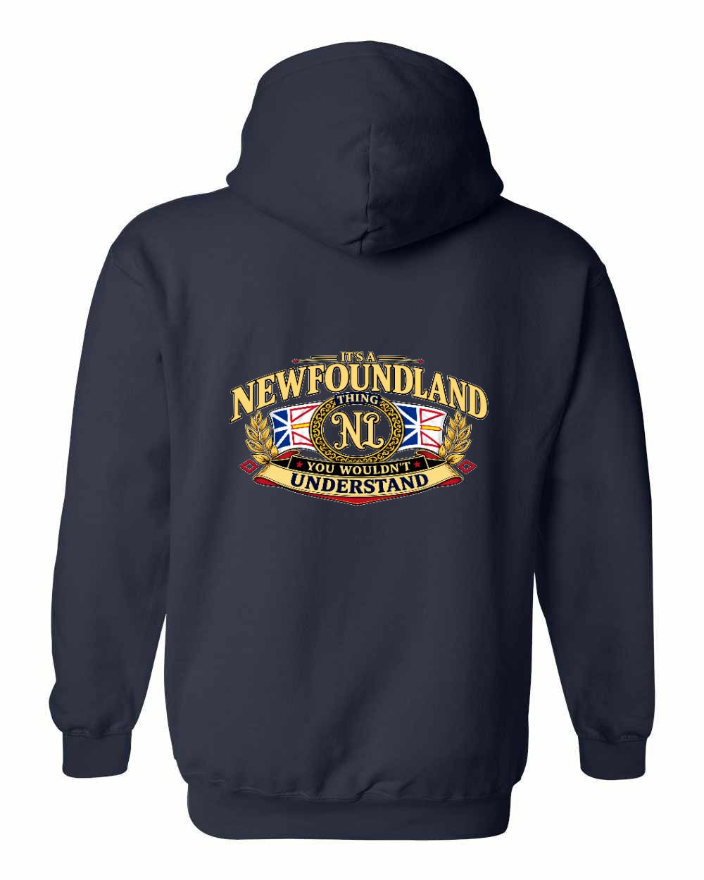 Newfoundland Thing Badge Left Chest and Back Pullover Hoodie in Navy - back