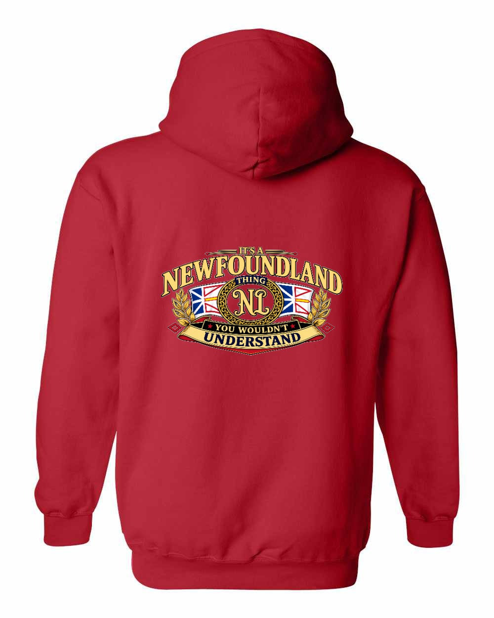 Newfoundland Thing Badge Left Chest and Back Pullover Hoodie in Red - back