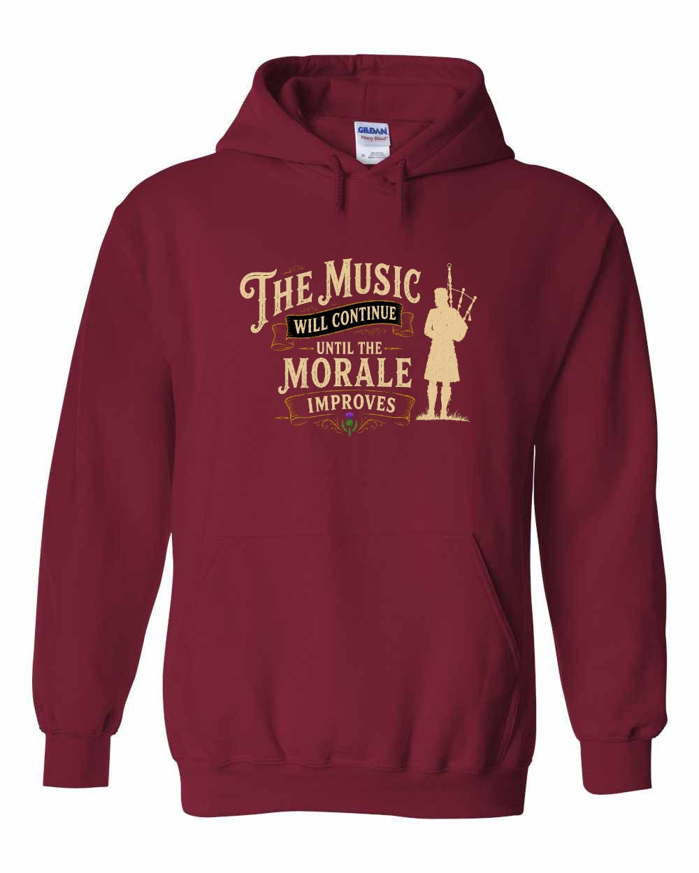 Muisic Will Continue Bagpipes Pullover Hoodie in Cardinal Red