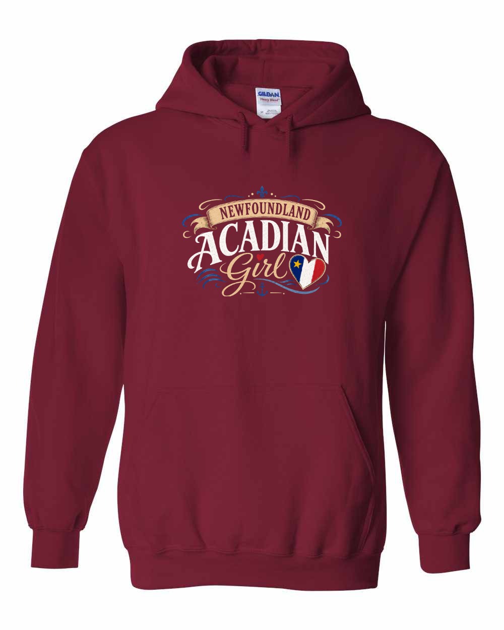 Newfoundland Acadian Girl Pullover Hoodie in Cardinal Red