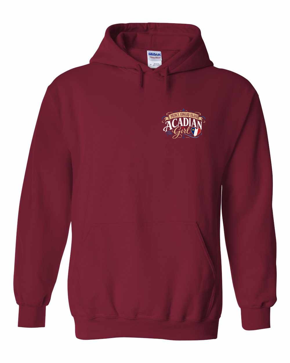 Pei Acadian Girl Left Chest Pullover Hoodie in Cardinal Red