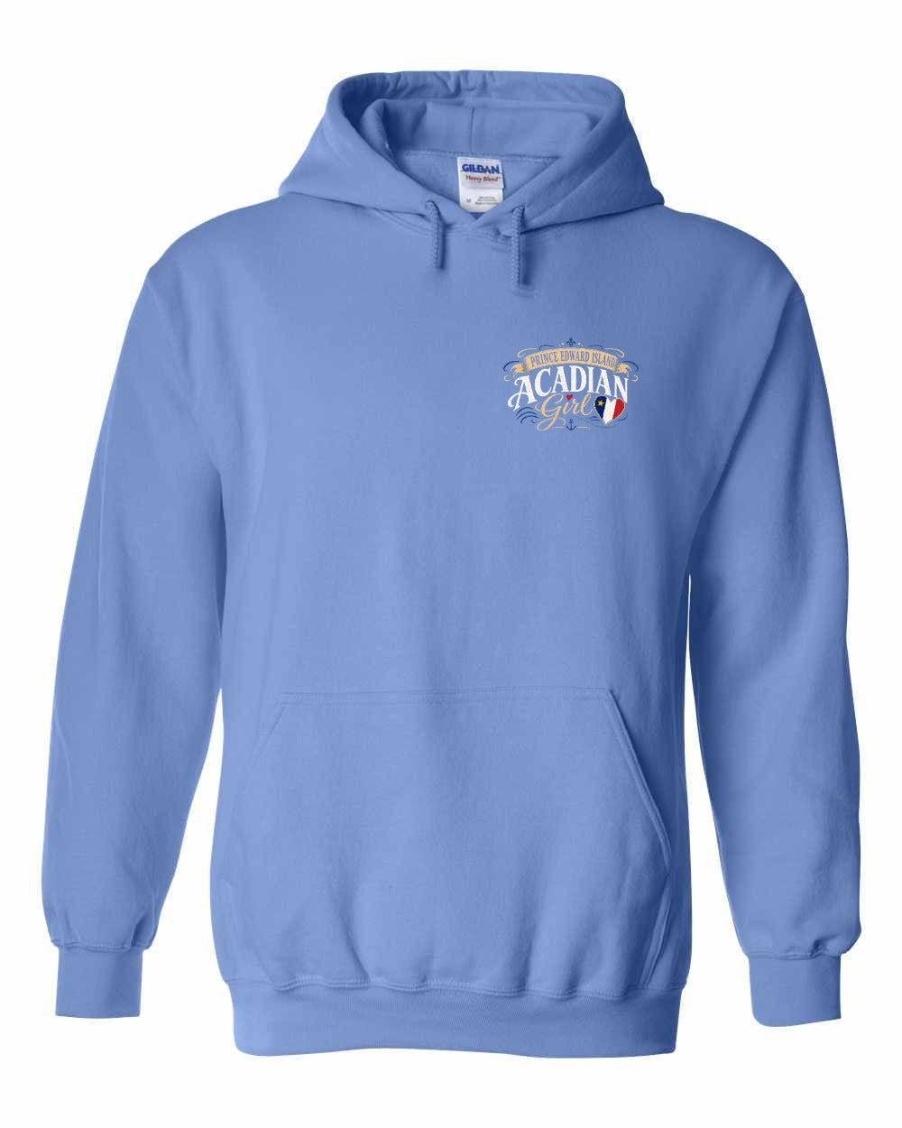 Pei Acadian Girl Left Chest Pullover Hoodie in Carolina Blue