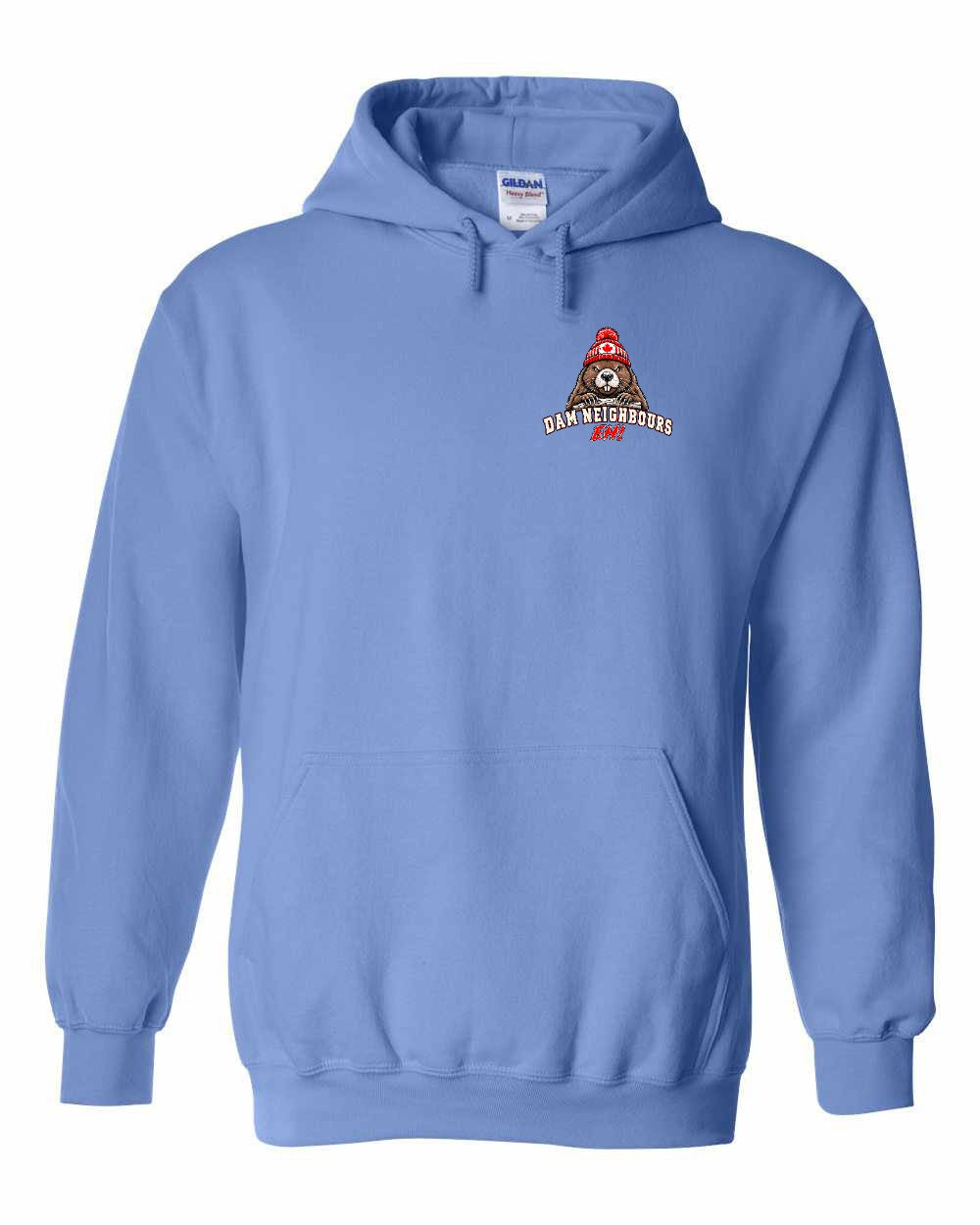 Dam Neighbours Left Chest and Back Pullover Hoodie in Carolina Blue