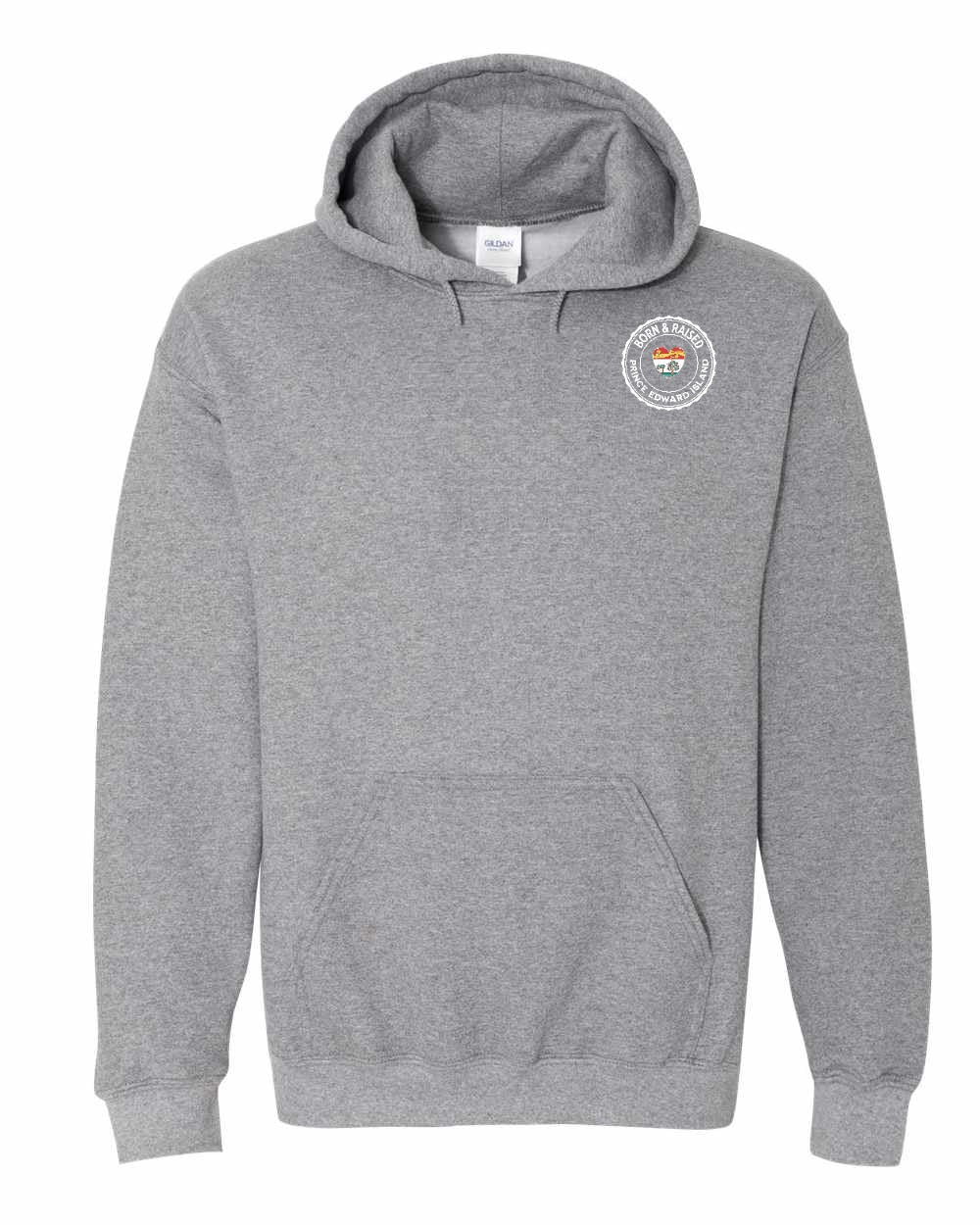 Born and Raised PEI Heart Flag Left Chest & Back Pullover Hoodie - Unisex