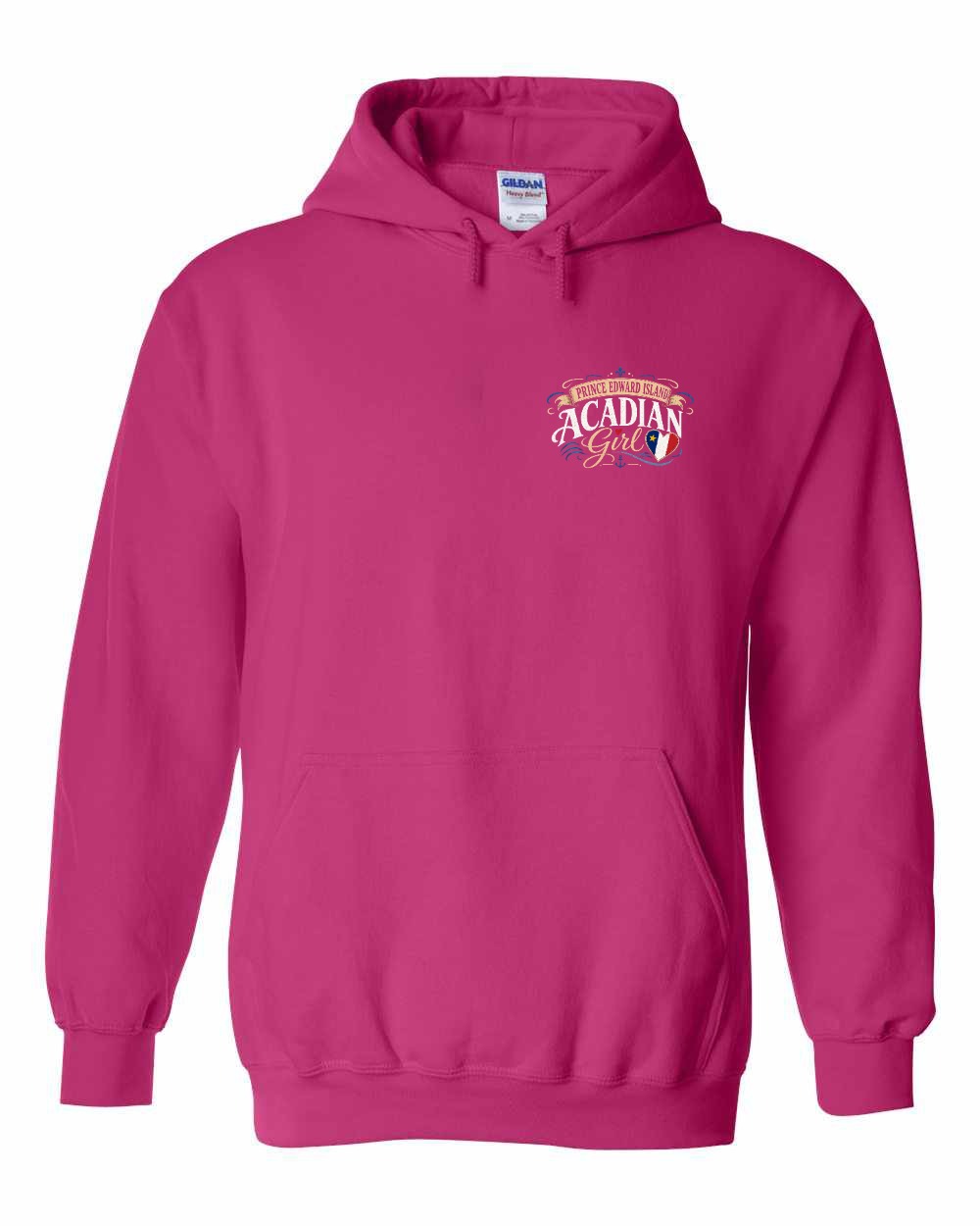 Pei Acadian Girl Left Chest Pullover Hoodie in Heliconia Pink
