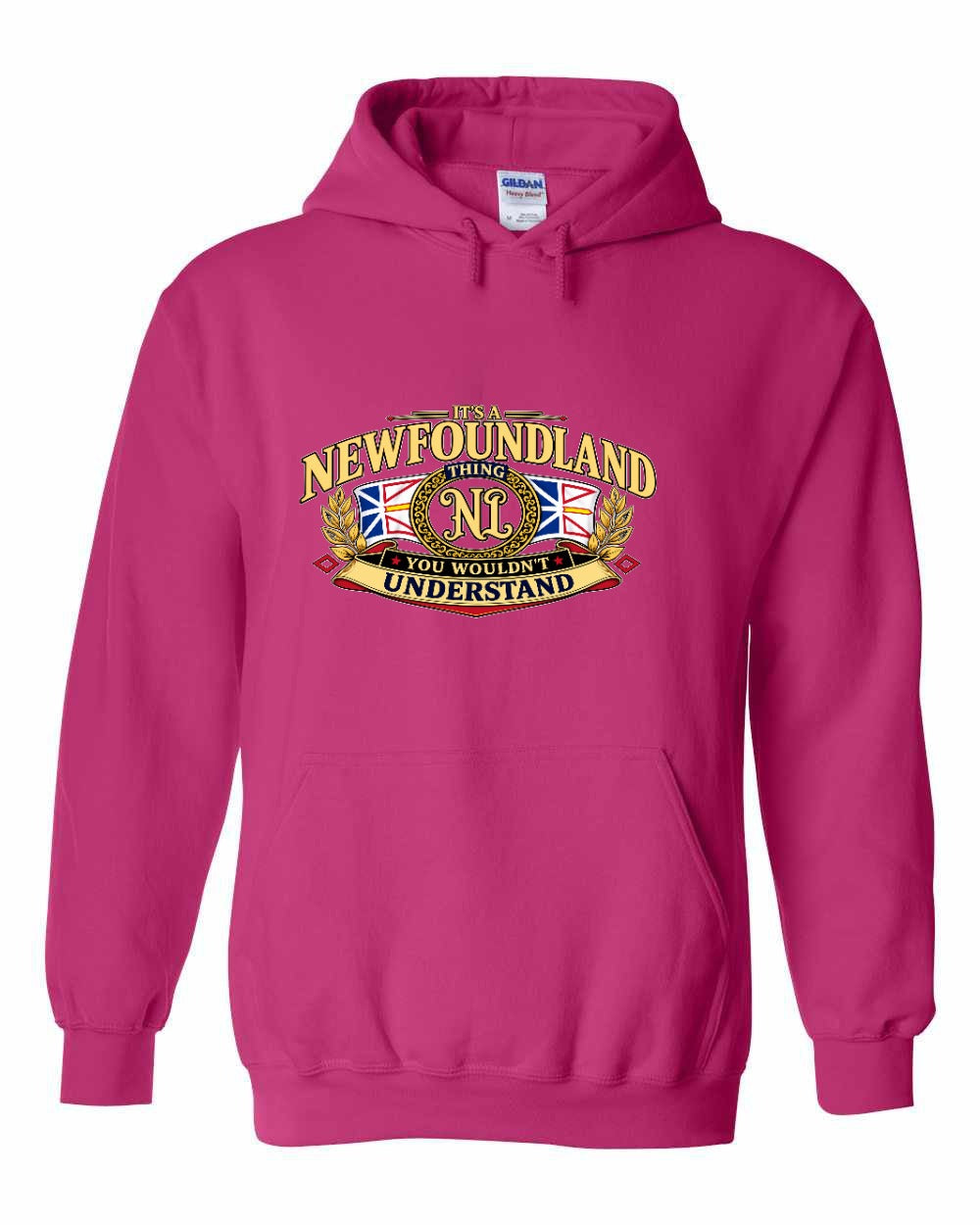 Newfoundland Thing Badge Full Front Pullover Hoodie in Heliconia Pink