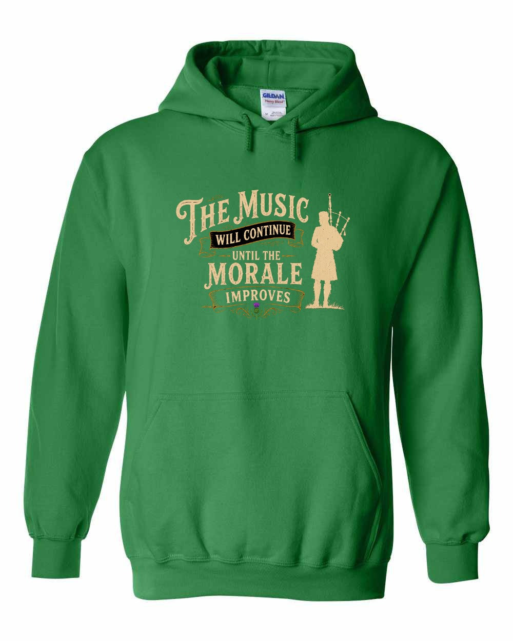 Muisic Will Continue Bagpipes Pullover Hoodie in Irish Green
