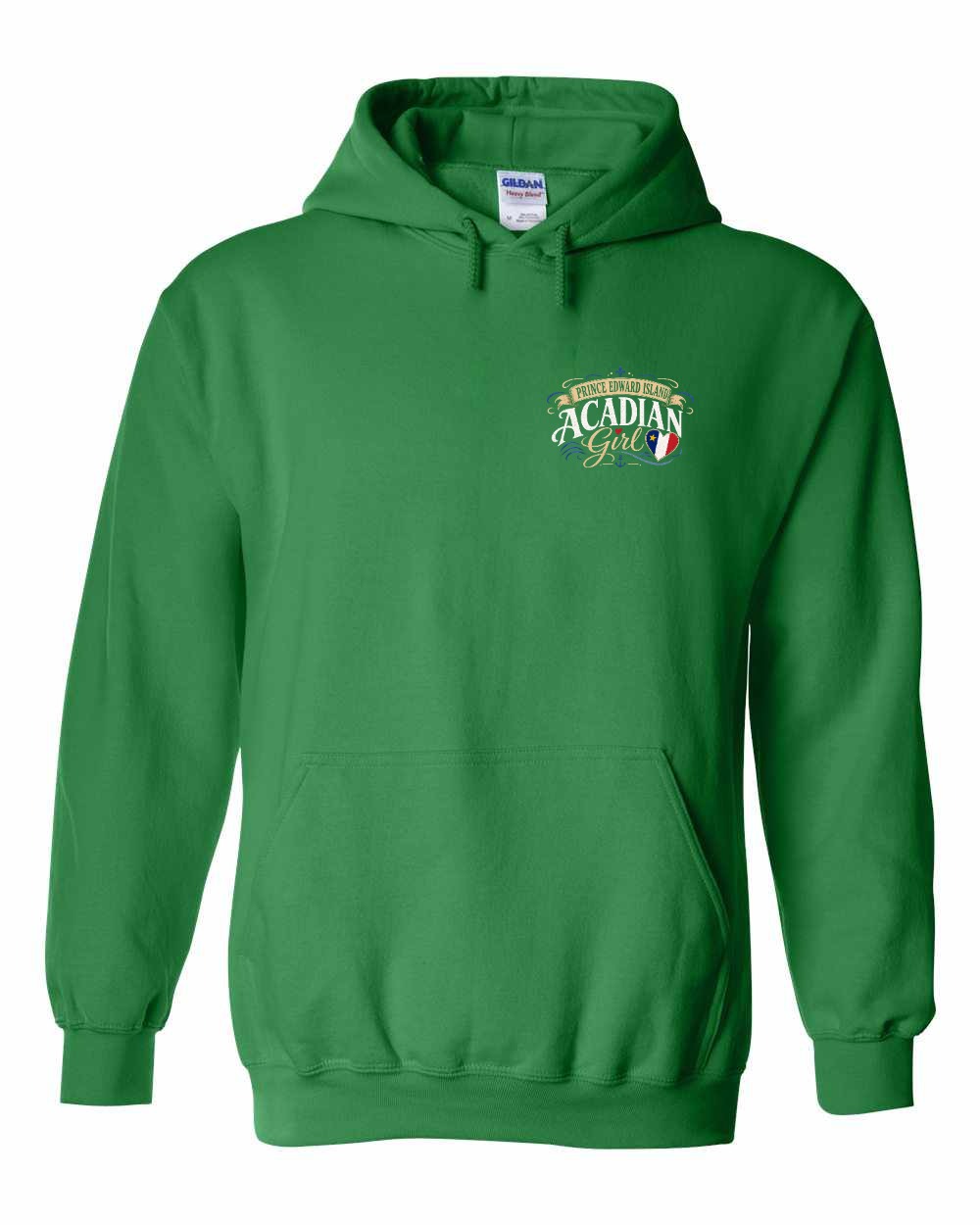 Pei Acadian Girl Left Chest Pullover Hoodie in Irish Green