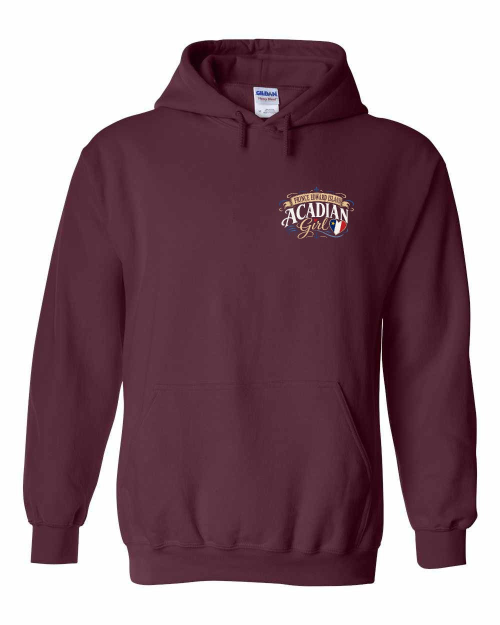 Pei Acadian Girl Left Chest Pullover Hoodie in Maroon