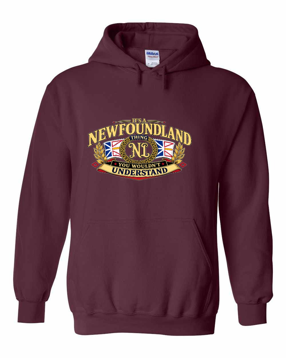 Newfoundland Thing Badge Full Front Pullover Hoodie in Maroon