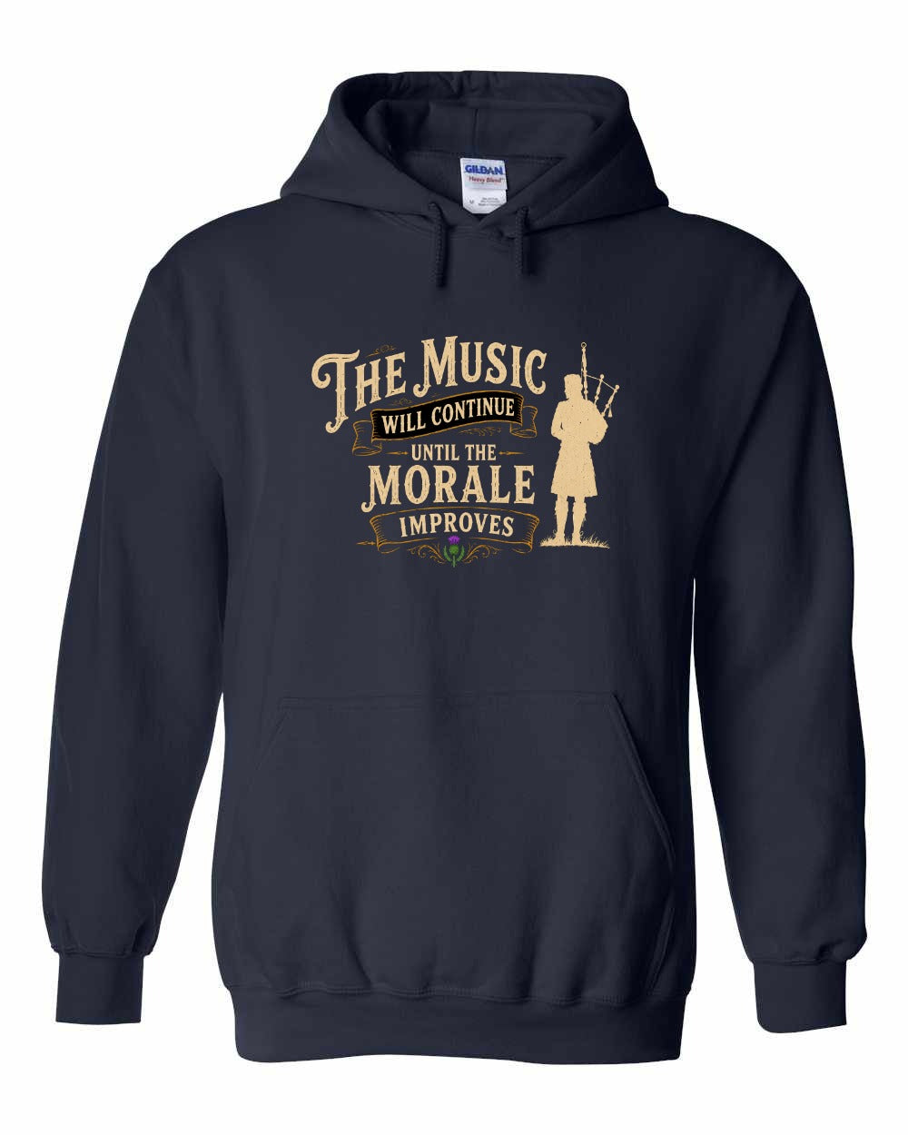 Muisic Will Continue Bagpipes Pullover Hoodie in Navy