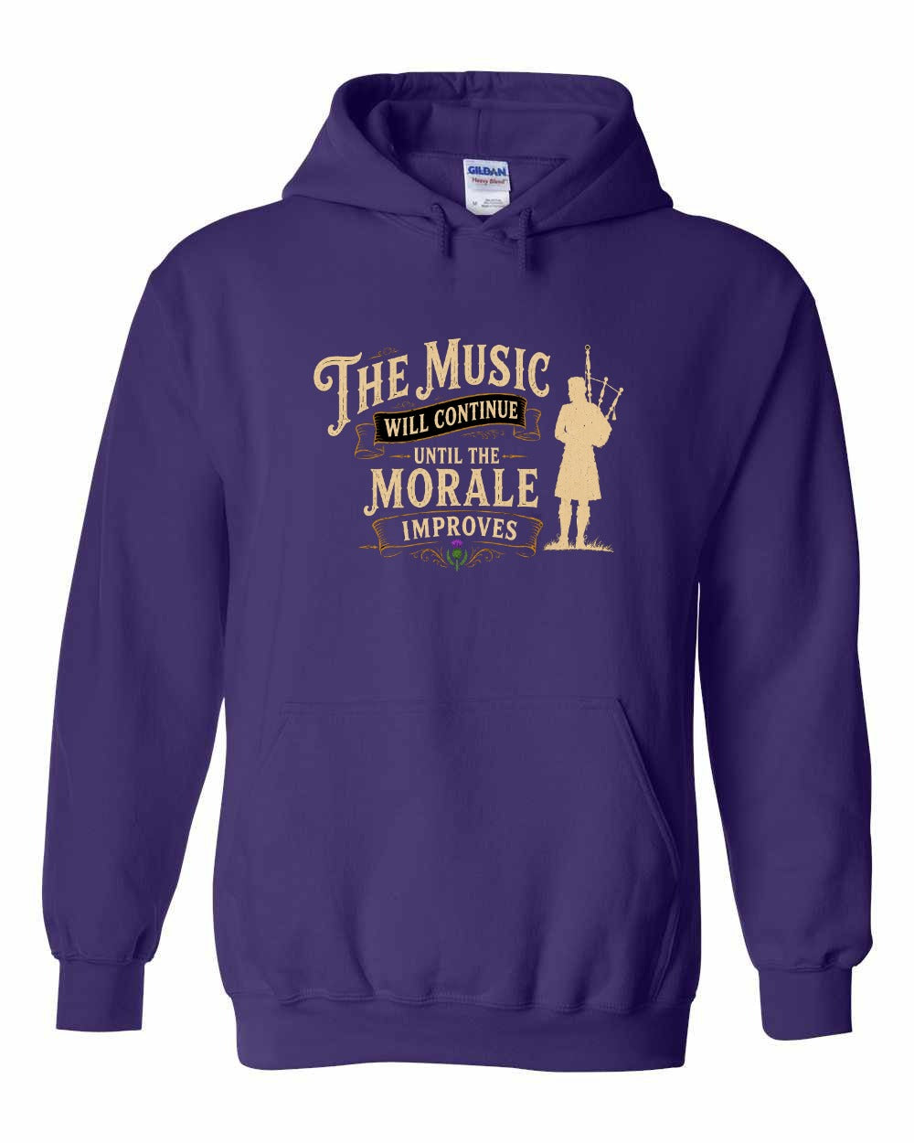 Muisic Will Continue Bagpipes Pullover Hoodie in Purple