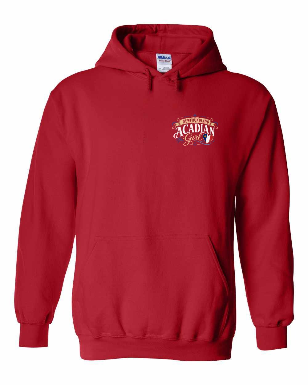 Newfoundland Acadian Girl Left Chest Pullover Hoodie in Red