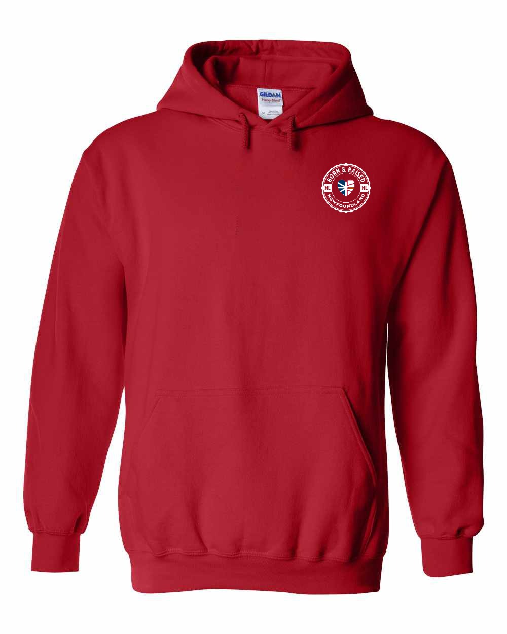 Born and Raised NFLD Heart Flag Left Chest & Back Pullover Hoodie - Unisex