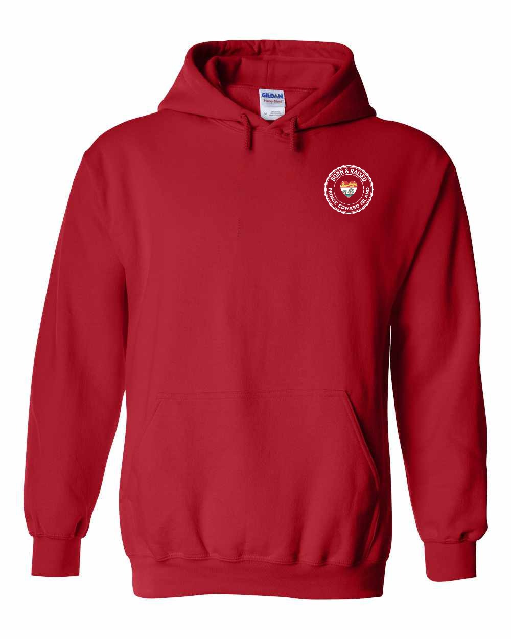 Born and Raised PEI Heart Flag Left Chest & Back Pullover Hoodie - Unisex
