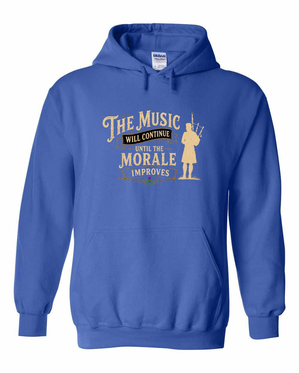 Muisic Will Continue Bagpipes Pullover Hoodie in Royal