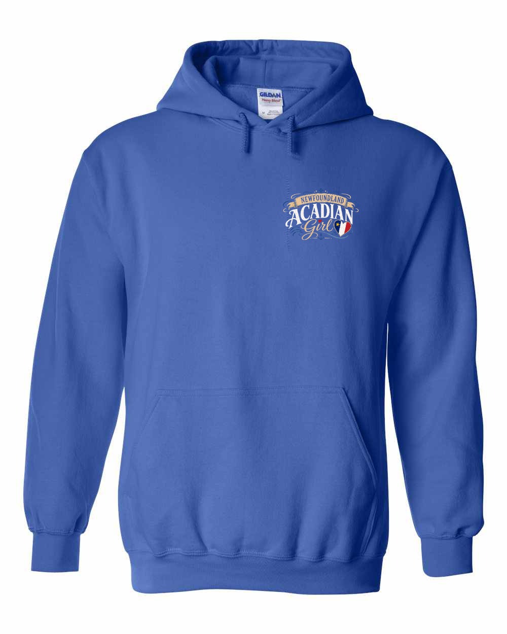 Newfoundland Acadian Girl Left Chest Pullover Hoodie in Royal