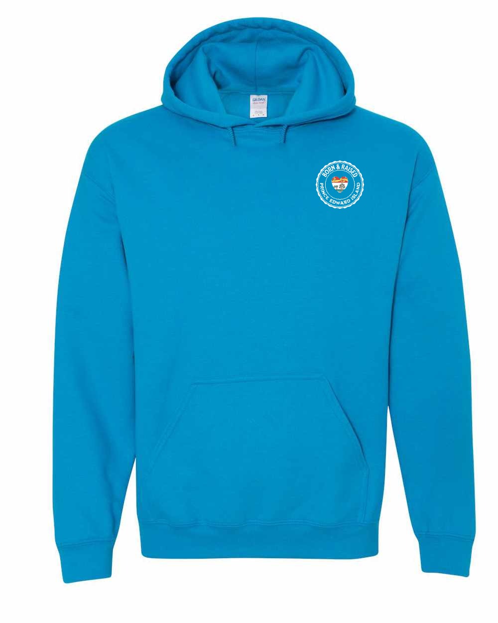 Born and Raised PEI Heart Flag Left Chest & Back Pullover Hoodie - Unisex