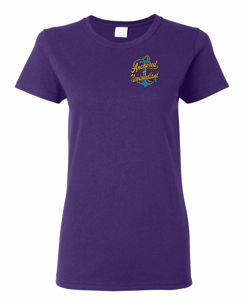 Anchored in NFLD (New Design) Left Chest and Back Women's Tee