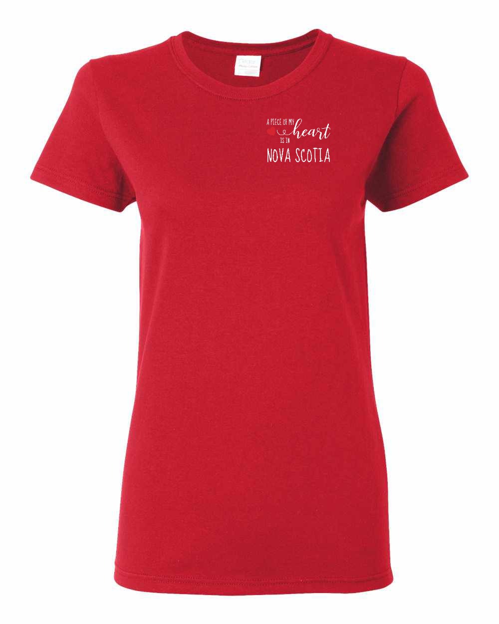 A piece of My heart in Nova Scotia (Red Heart) Left Chest womens-tee