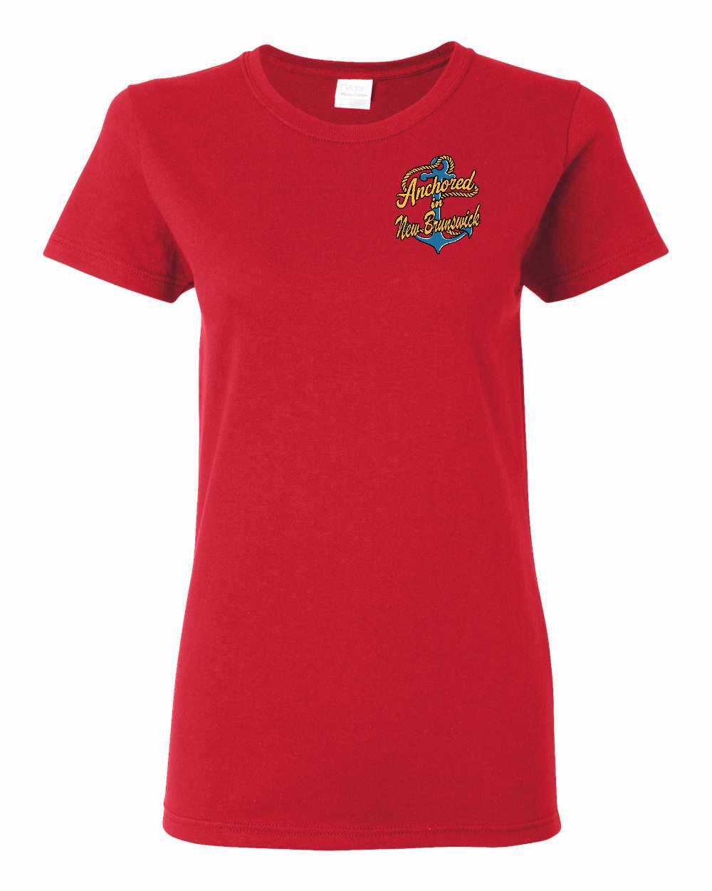 Anchored in New Brunswick Left Chest and Back Women's Tee