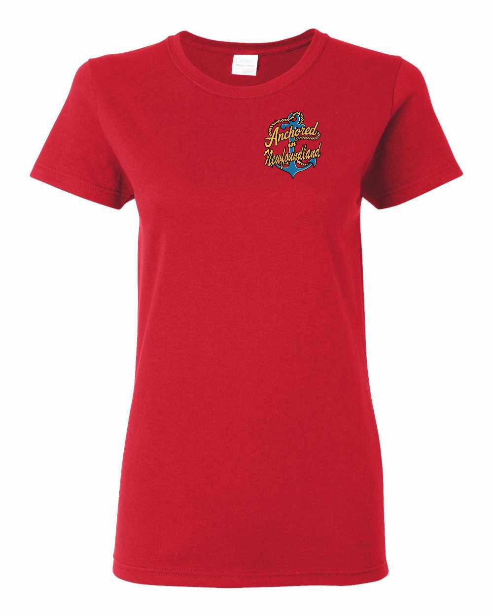 Anchored in Newfoundland (New Design) Left Chest and Back Women's Tee