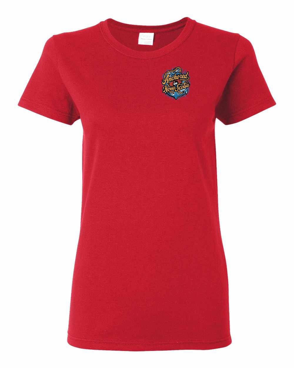 Anchored In Nova Scotia (Old Design) Left Chest and Back womens-tee