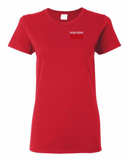 Living Alberta Made in Nova Scotia Left Chest and Back womens-tee
