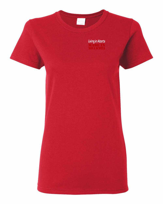Living Alberta Made in Nova Scotia Left Chest and Back womens-tee