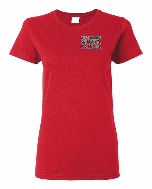Made In Nova Scotia ( Tartan Lettering) Left Chest and Back womens-tee