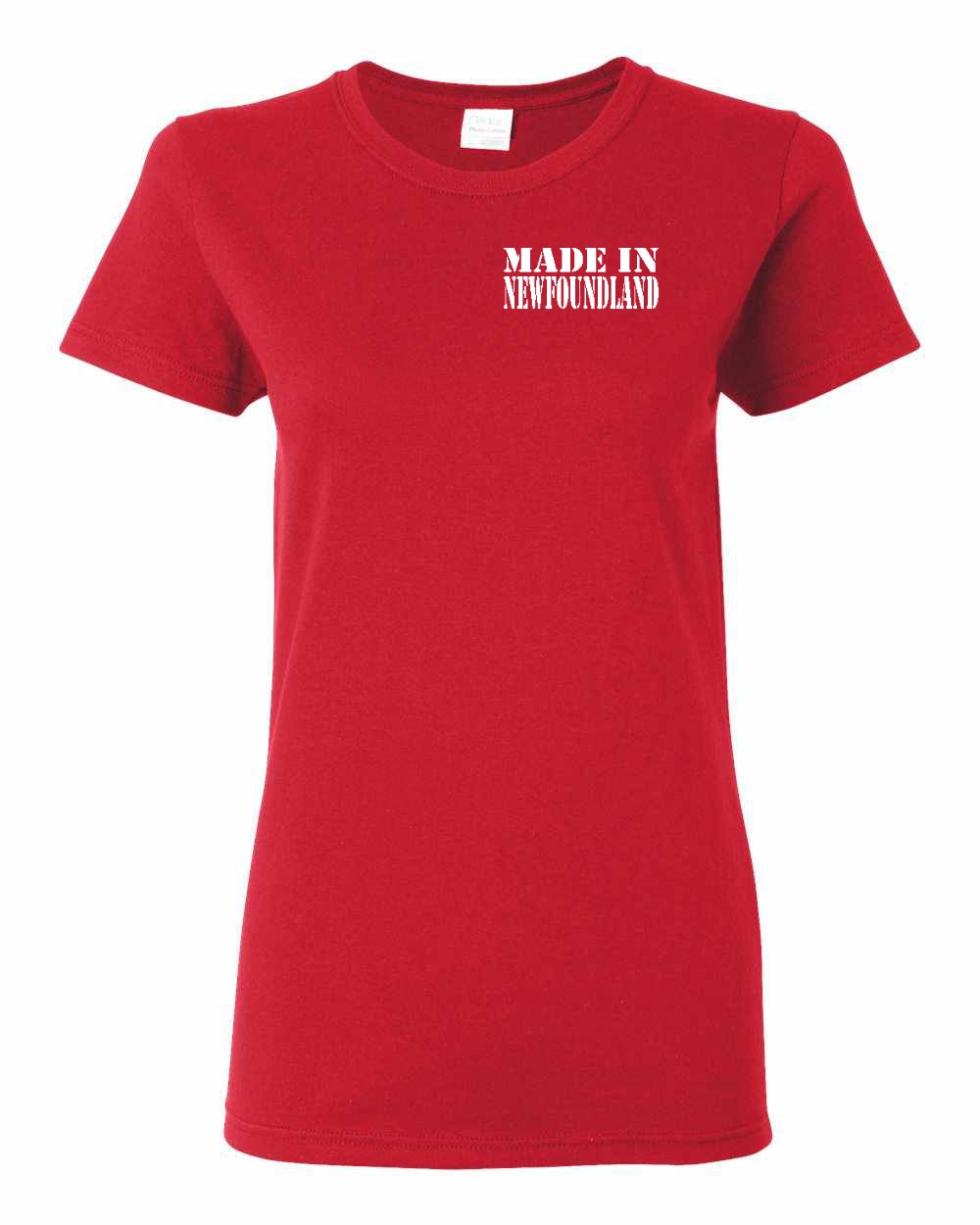 Made In NFLD ( White Lettering) Left Chest and Back Women's Tee