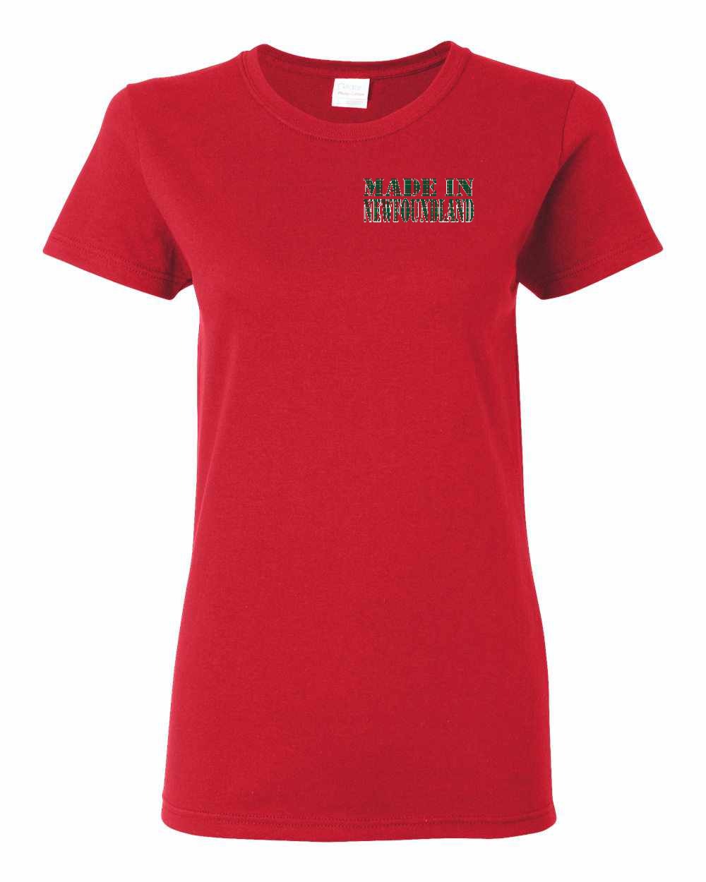Made In NFLD ( Tartan Lettering) Left Chest Women's Tee