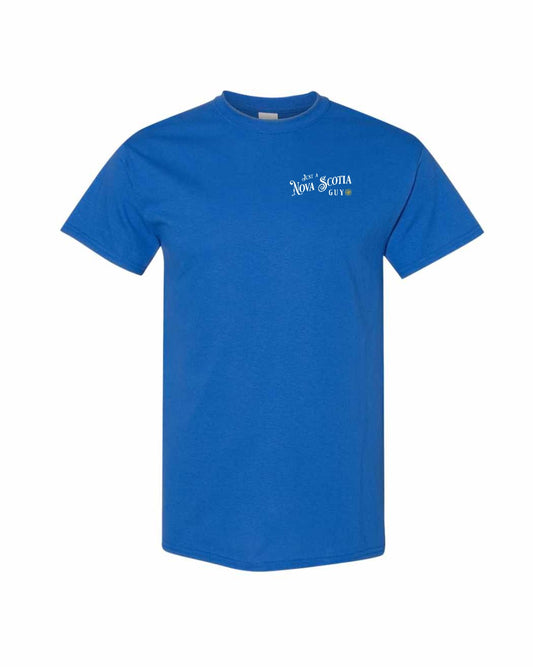 Just a Nova Scotia Guy yellow Left Chest and Back mens-tee
