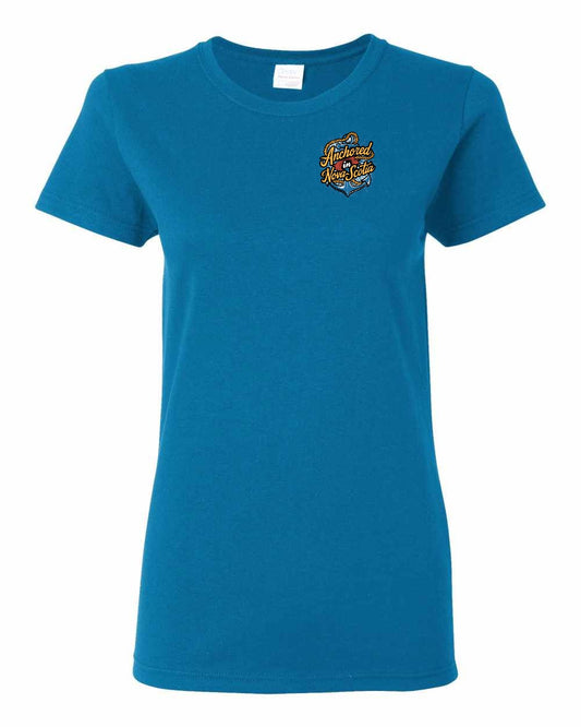 Anchored In Nova Scotia (Old Design) Left Chest womens-tee