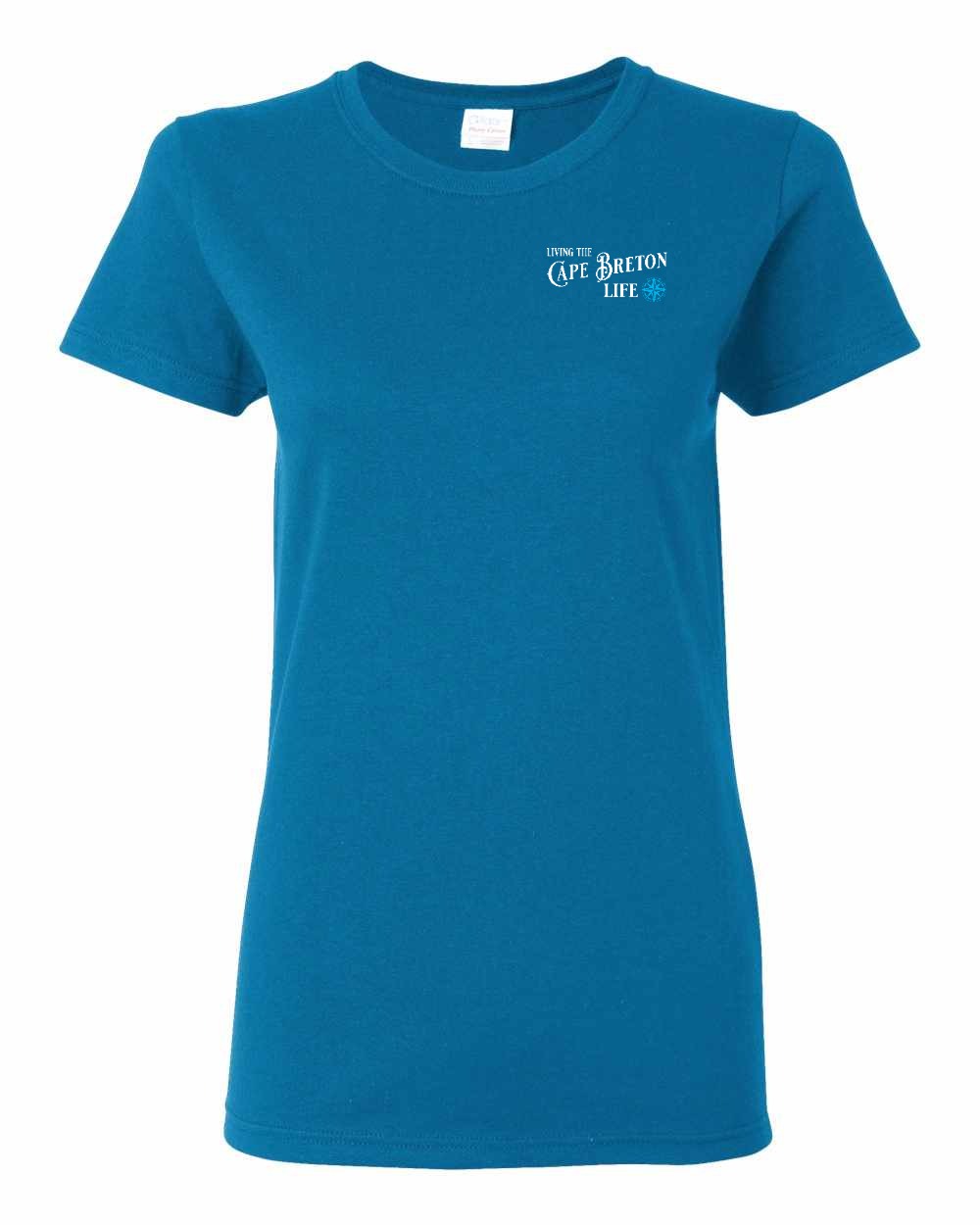 Living the Cape Breton Life blue Left Chest and Back Women's Tee