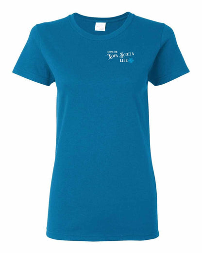 Living the Nova Scotia Life blue Left Chest and Back womens-tee