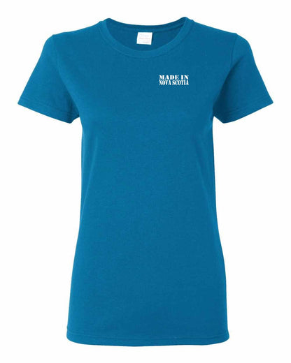 Made In Nova Scotia ( White Lettering) Left Chest and Back womens-tee