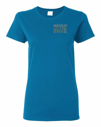 Made In Nova Scotia ( Tartan Lettering) Left Chest and Back womens-tee
