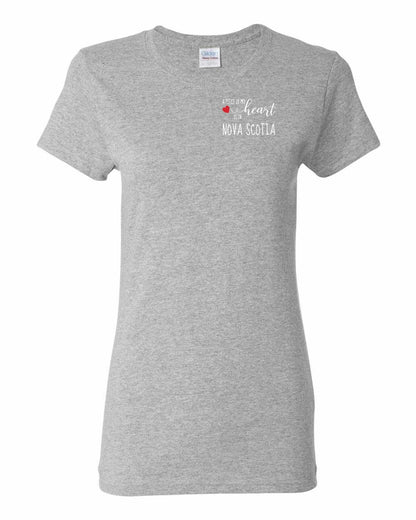 A piece of My heart in Nova Scotia (Red Heart) Left Chest womens-tee