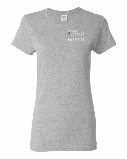 A piece of My heart in Nova Scotia (Red Heart) Left Chest womens-tee