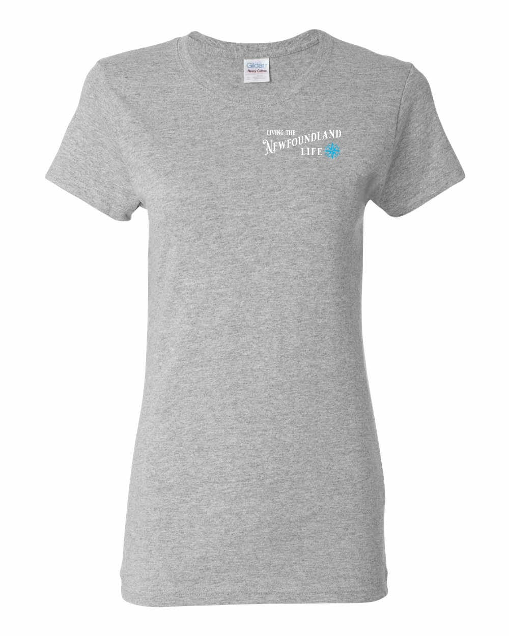 Living the NFLD Life blue Left Chest and Back Women's Tee