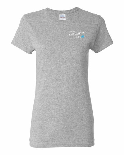 Living the Cape Breton Life blue Left Chest and Back Women's Tee
