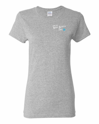 Living the Nova Scotia Life blue Left Chest womens-tee