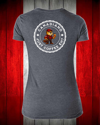 Canadiano Just Coffee Eh! Male Beaver Left Chest And Full Back Women's V-neck Stanfield's Tee