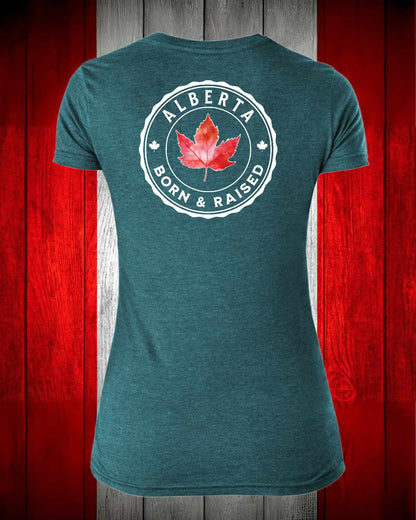 Alberta Born and Raised left chest and back Women's Stanfield's Tee