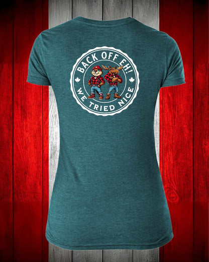 Back off we Tried Nice Left Chest and Full Back Women's V-neck Stanfield's Tee