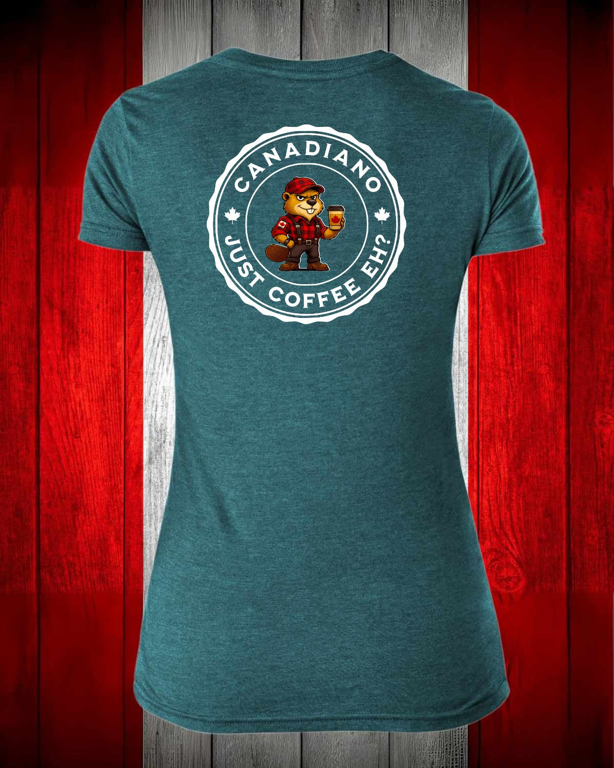 Canadiano Just Coffee Eh! Male Beaver Left Chest And Full Back Women's V-neck Stanfield's Tee
