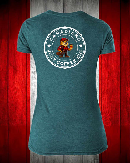 Canadiano Just Coffee Eh! Male Beaver Left Chest And Full Back Women's V-neck Stanfield's Tee