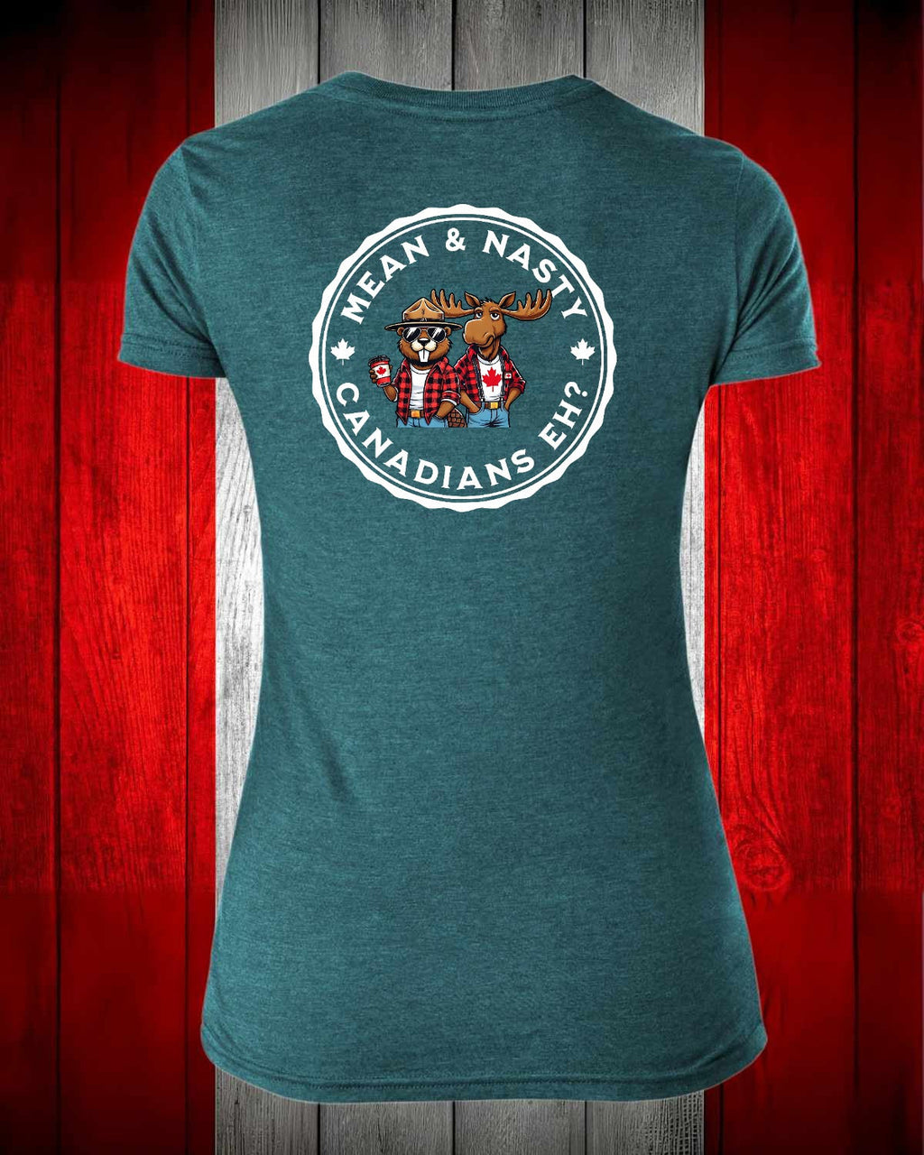 Mean And Nasty Canadian's Eh! Left Chest and Back Women's V-neck Stanfield's Tee